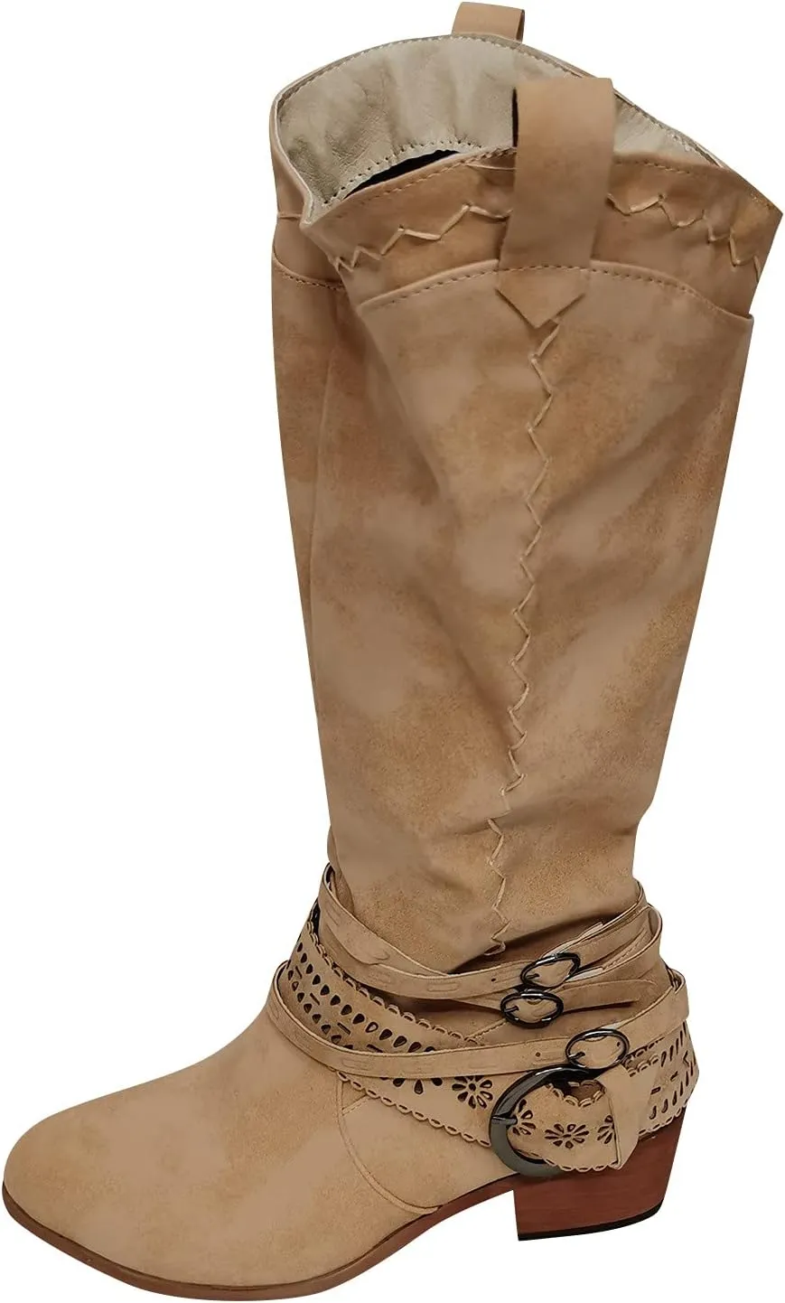 oiangi Women Chunky Cowboy Riding Boots Solid Casual Strap Buckle Warm Thick Heel Mid Calf Boots Winter Comfortable Ladies Outdoor Square Heel Shoes