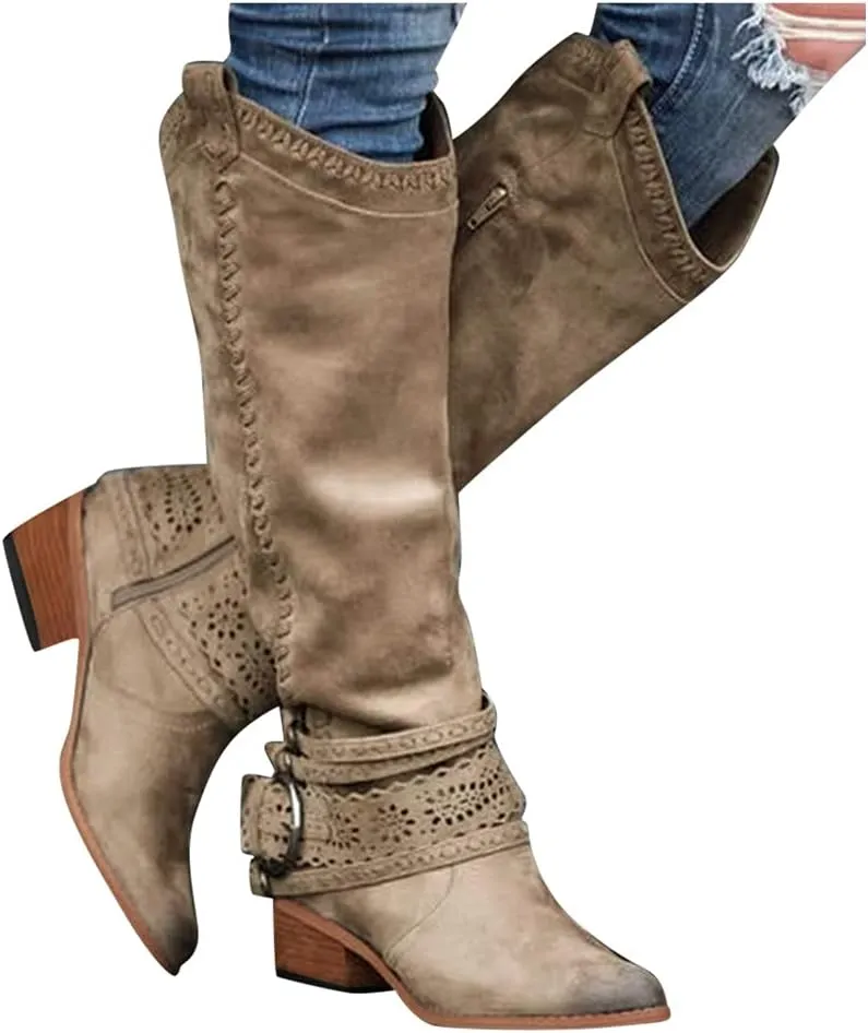 oiangi Women Chunky Cowboy Riding Boots Solid Casual Strap Buckle Warm Thick Heel Mid Calf Boots Winter Comfortable Ladies Outdoor Square Heel Shoes