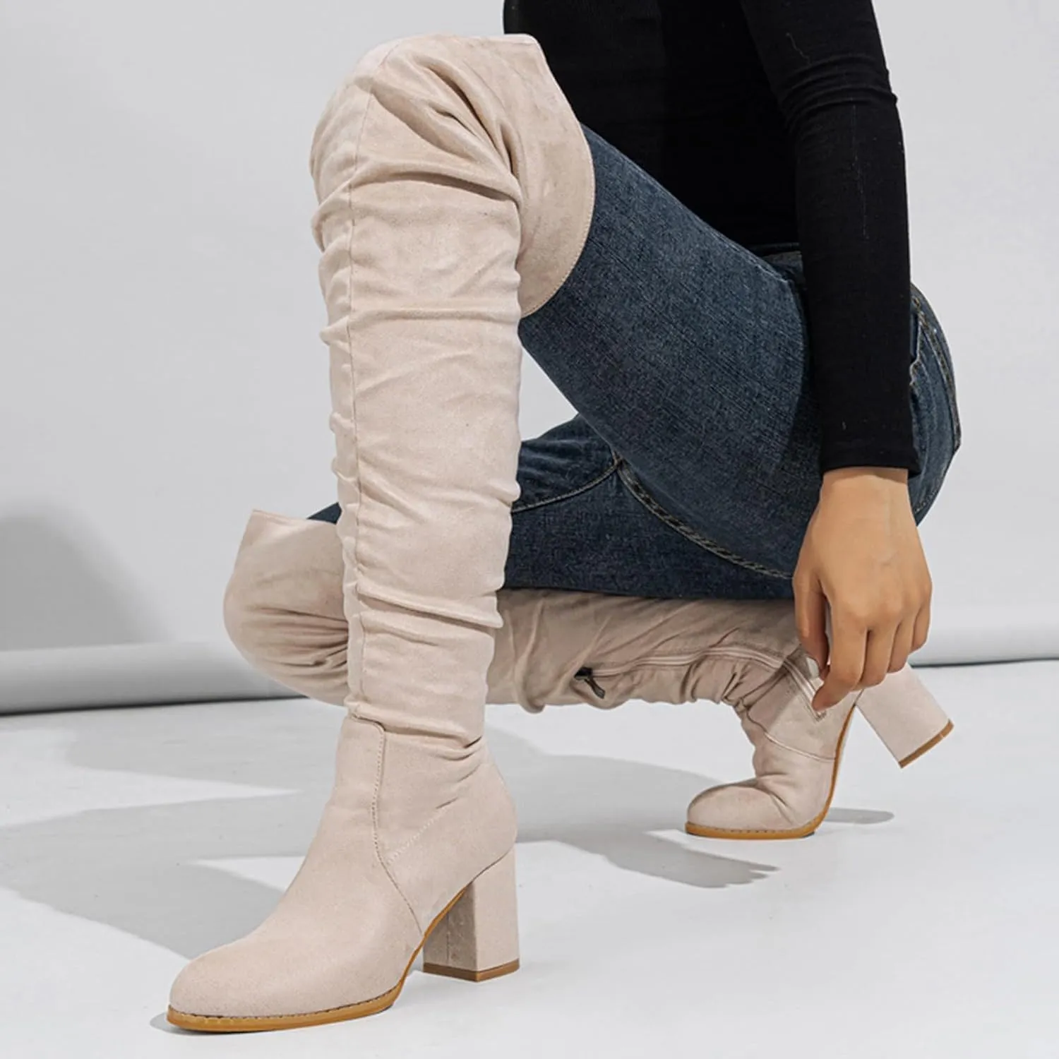 Over The Knee Boots for Women，Suede Winter Boots Wide Calf Chunky Heel Pointed Toe Western Cowgirl Knee High Boots