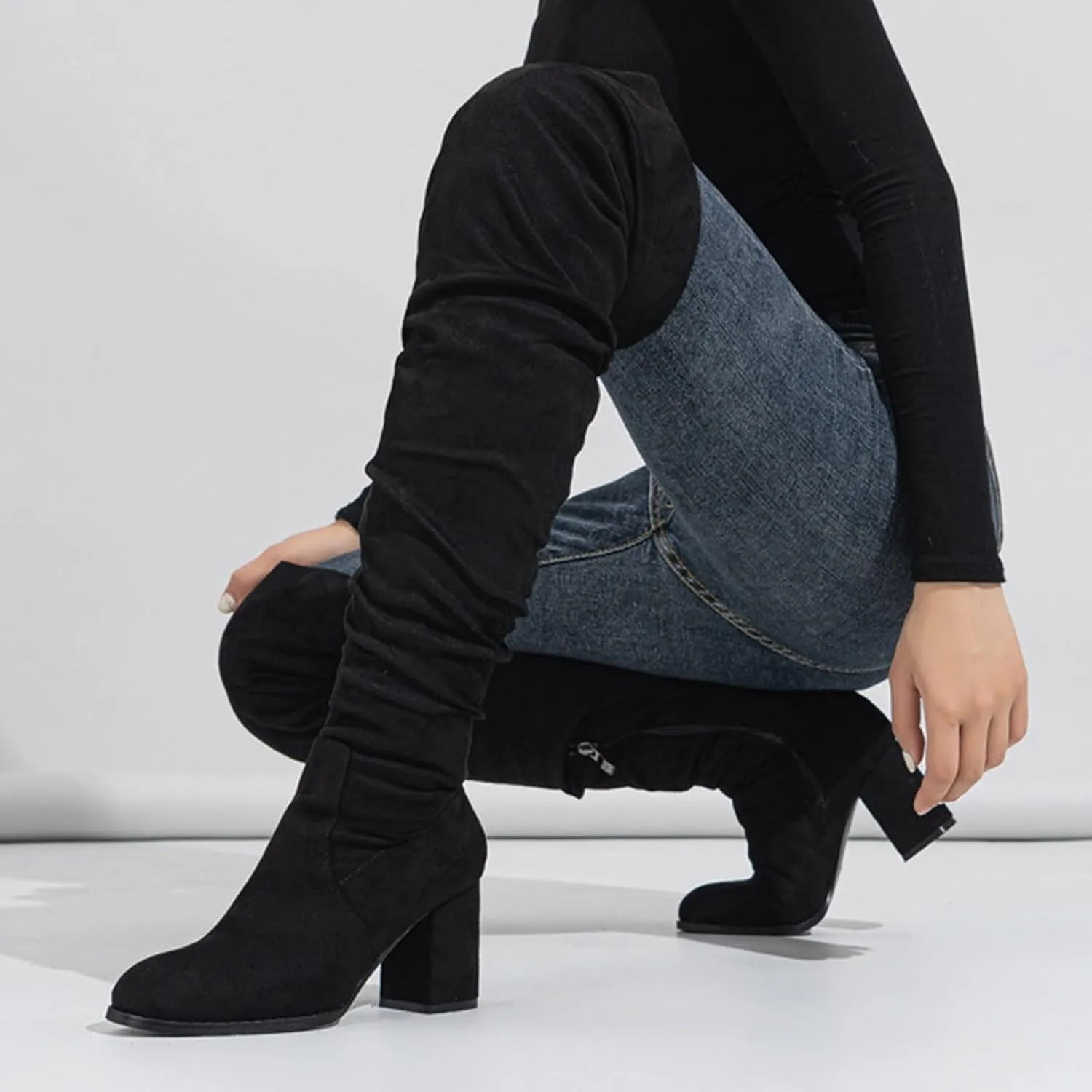 Over The Knee Boots for Women，Suede Winter Boots Wide Calf Chunky Heel Pointed Toe Western Cowgirl Knee High Boots