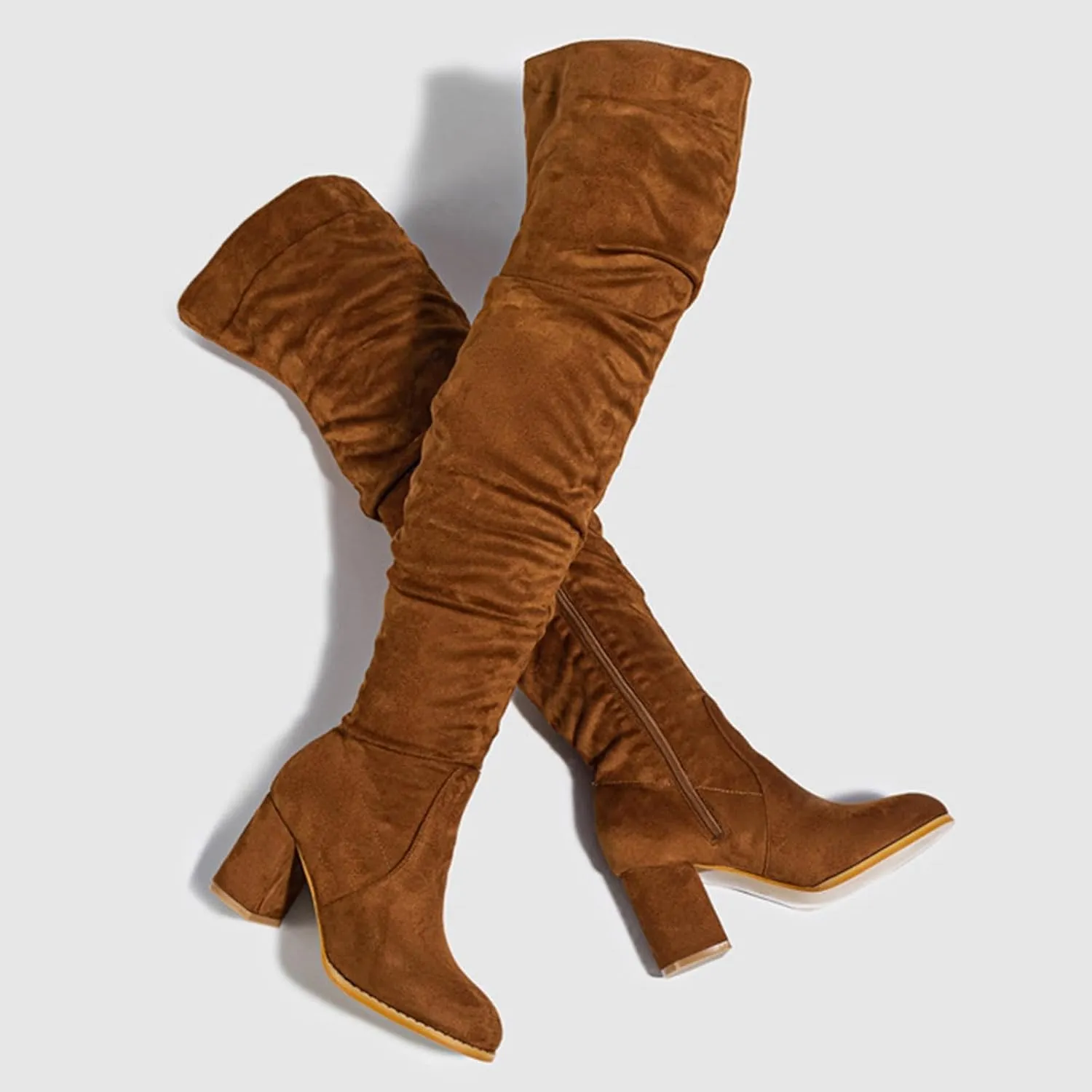 Over The Knee Boots for Women，Suede Winter Boots Wide Calf Chunky Heel Pointed Toe Western Cowgirl Knee High Boots