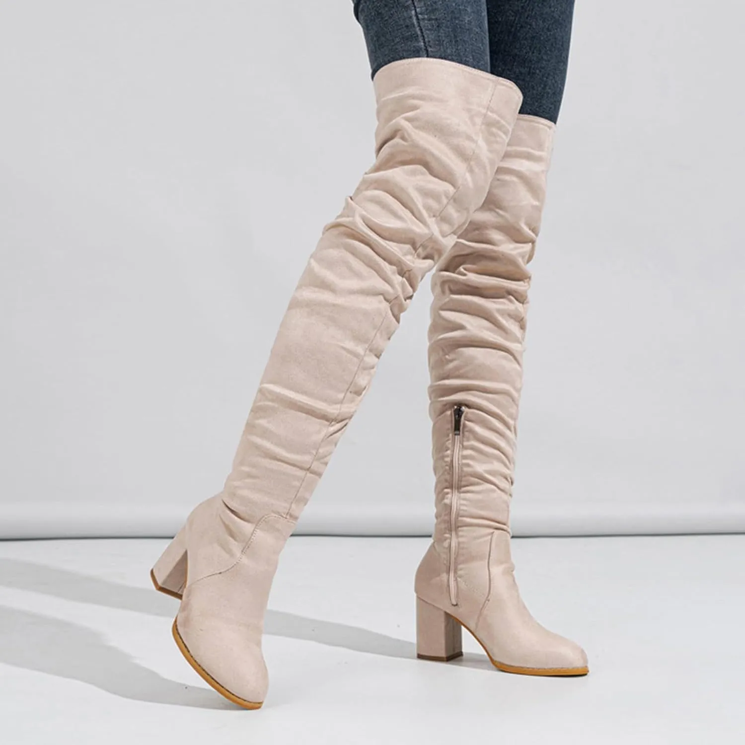 Over The Knee Boots for Women，Suede Winter Boots Wide Calf Chunky Heel Pointed Toe Western Cowgirl Knee High Boots