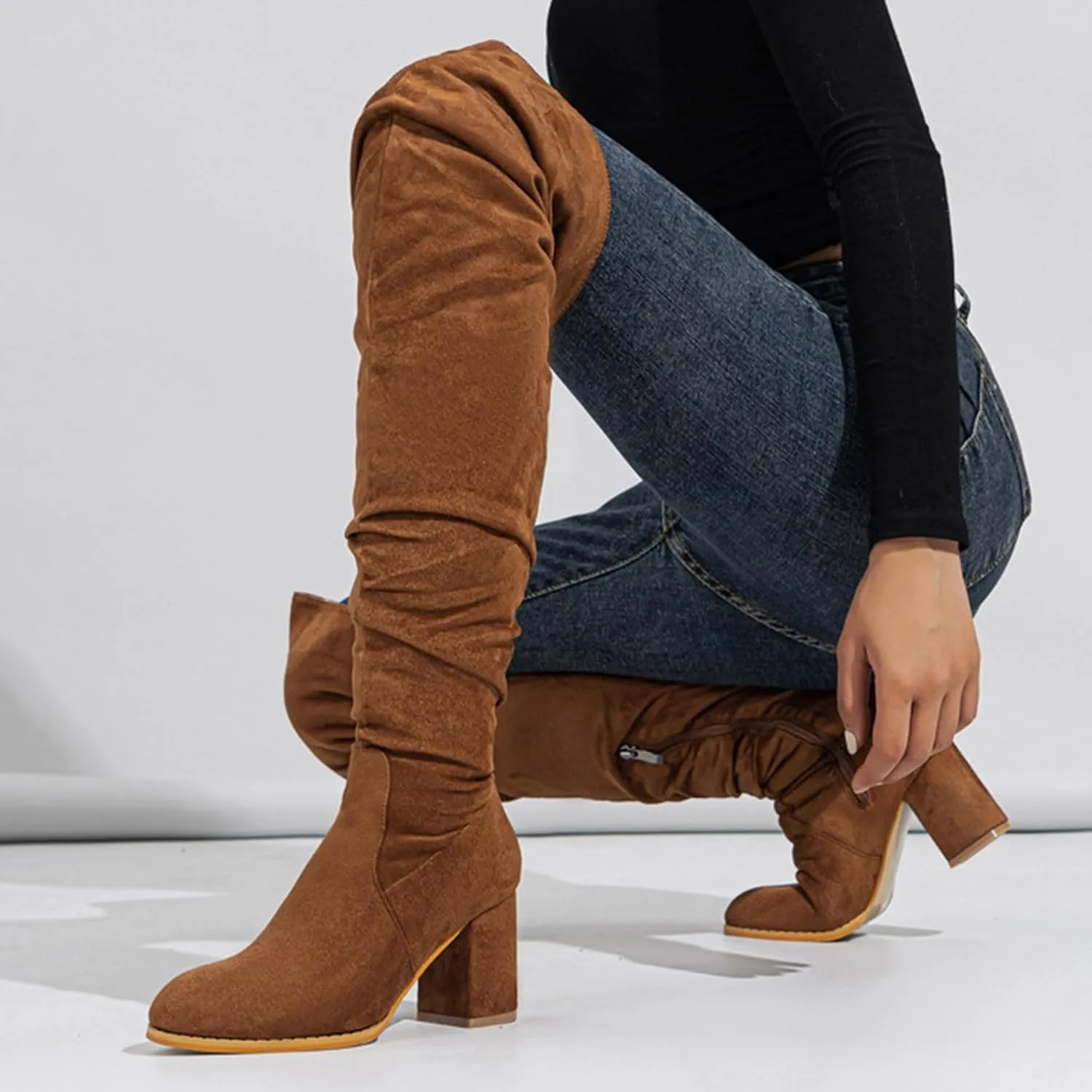 Over The Knee Boots for Women，Suede Winter Boots Wide Calf Chunky Heel Pointed Toe Western Cowgirl Knee High Boots