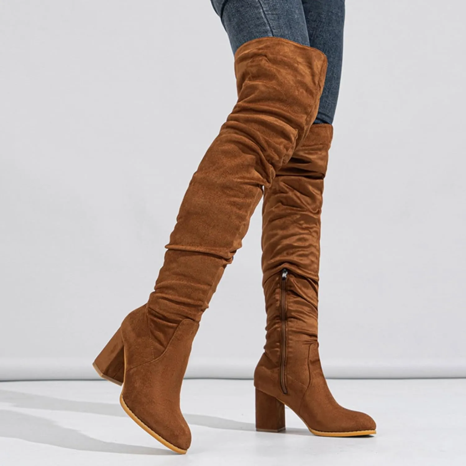 Over The Knee Boots for Women，Suede Winter Boots Wide Calf Chunky Heel Pointed Toe Western Cowgirl Knee High Boots