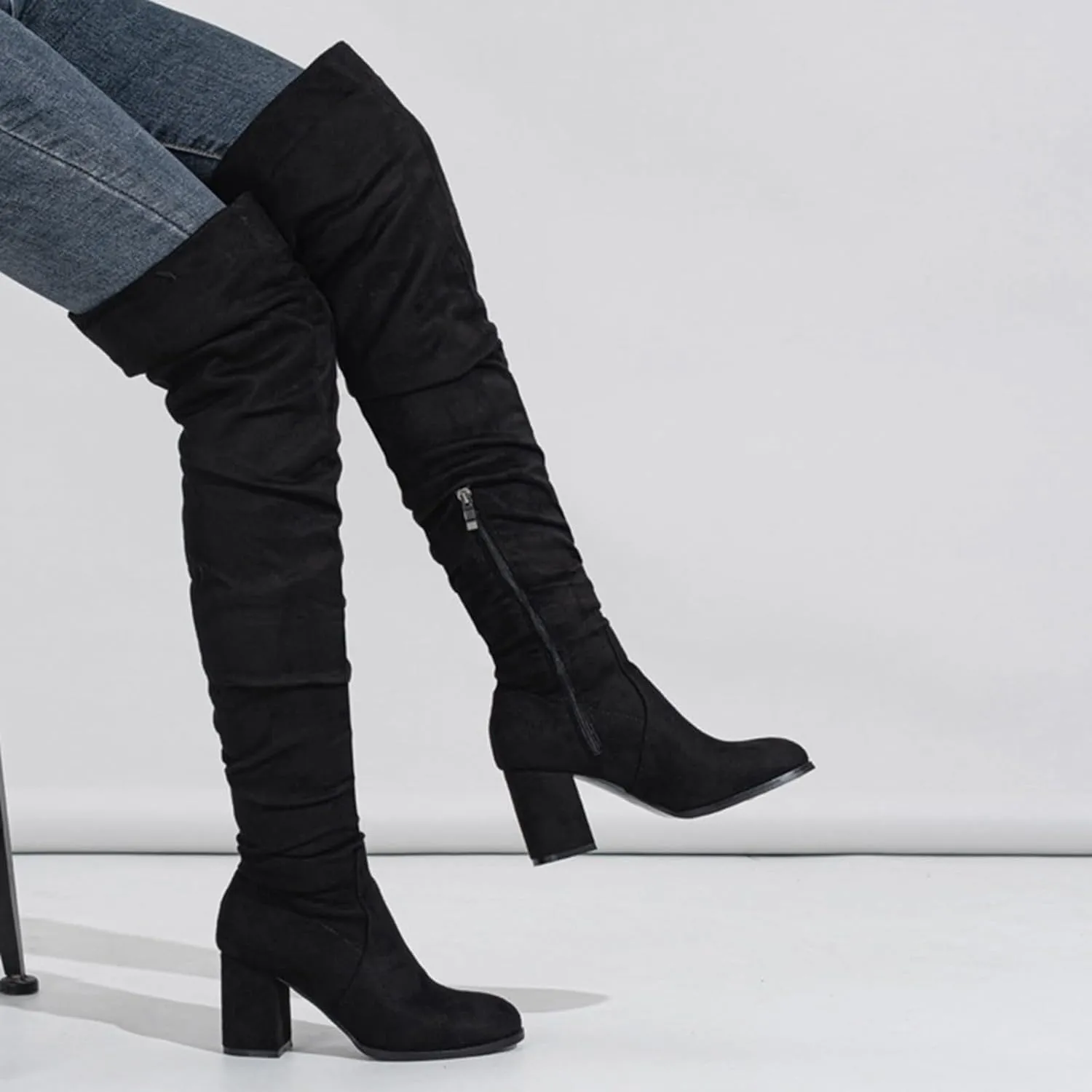 Over The Knee Boots for Women，Suede Winter Boots Wide Calf Chunky Heel Pointed Toe Western Cowgirl Knee High Boots