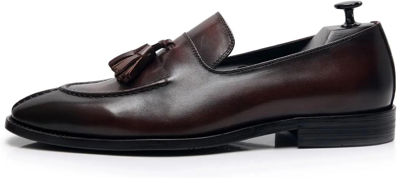 Santimon Men's Black Genuine Leather Tassel Loafers - Slip-On Dress Shoes for Casual, Business, Wedding & Prom - Modern Penny Loafers for Suits & Tuxedos