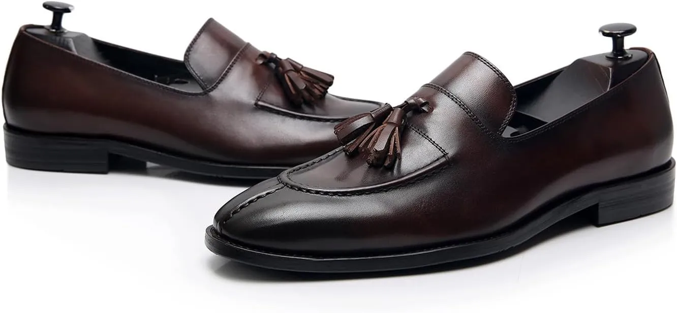 Santimon Men's Black Genuine Leather Tassel Loafers - Slip-On Dress Shoes for Casual, Business, Wedding & Prom - Modern Penny Loafers for Suits & Tuxedos
