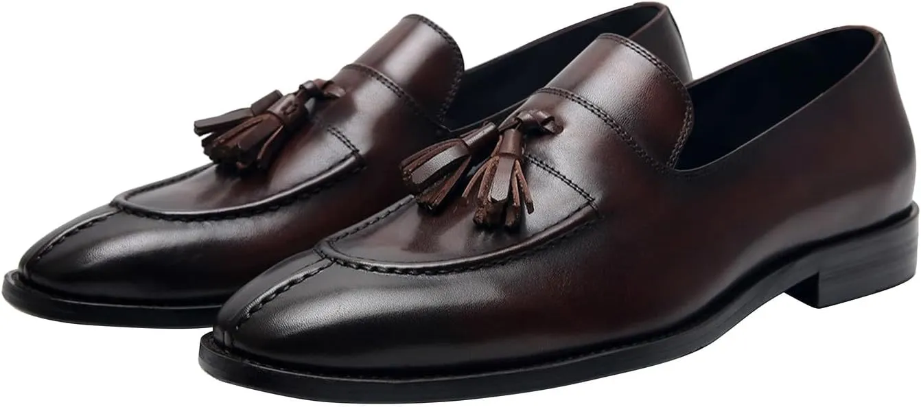 Santimon Men's Black Genuine Leather Tassel Loafers - Slip-On Dress Shoes for Casual, Business, Wedding & Prom - Modern Penny Loafers for Suits & Tuxedos