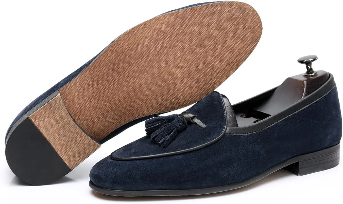 Santimon Men's Suede Tassel Loafers - Slip-On Dress Shoes for Casual, Business, Wedding & Prom - Modern Penny Loafers for Suits & Tuxedos