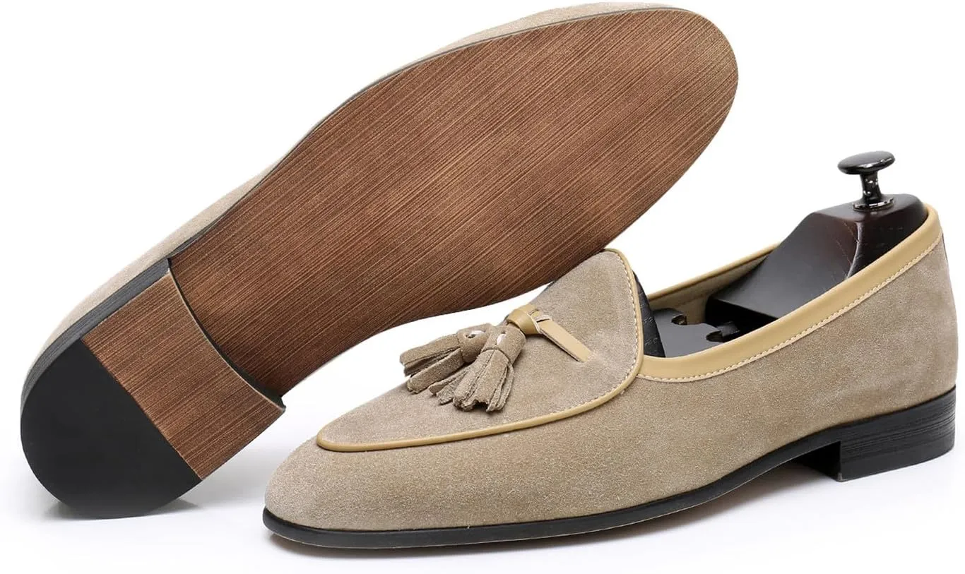 Santimon Men's Suede Tassel Loafers - Slip-On Dress Shoes for Casual, Business, Wedding & Prom - Modern Penny Loafers for Suits & Tuxedos