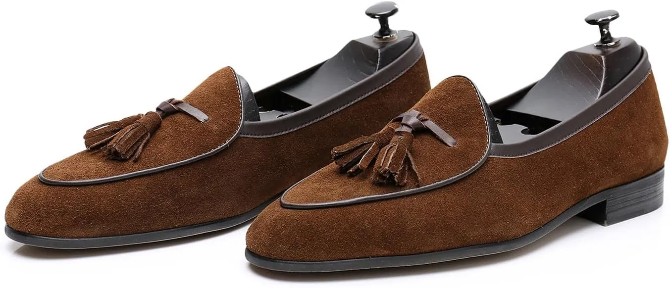 Santimon Men's Suede Tassel Loafers - Slip-On Dress Shoes for Casual, Business, Wedding & Prom - Modern Penny Loafers for Suits & Tuxedos
