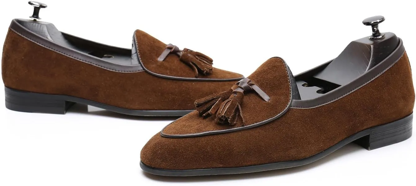 Santimon Men's Suede Tassel Loafers - Slip-On Dress Shoes for Casual, Business, Wedding & Prom - Modern Penny Loafers for Suits & Tuxedos
