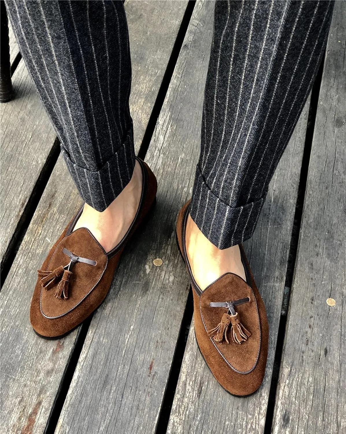 Santimon Men's Suede Tassel Loafers - Slip-On Dress Shoes for Casual, Business, Wedding & Prom - Modern Penny Loafers for Suits & Tuxedos
