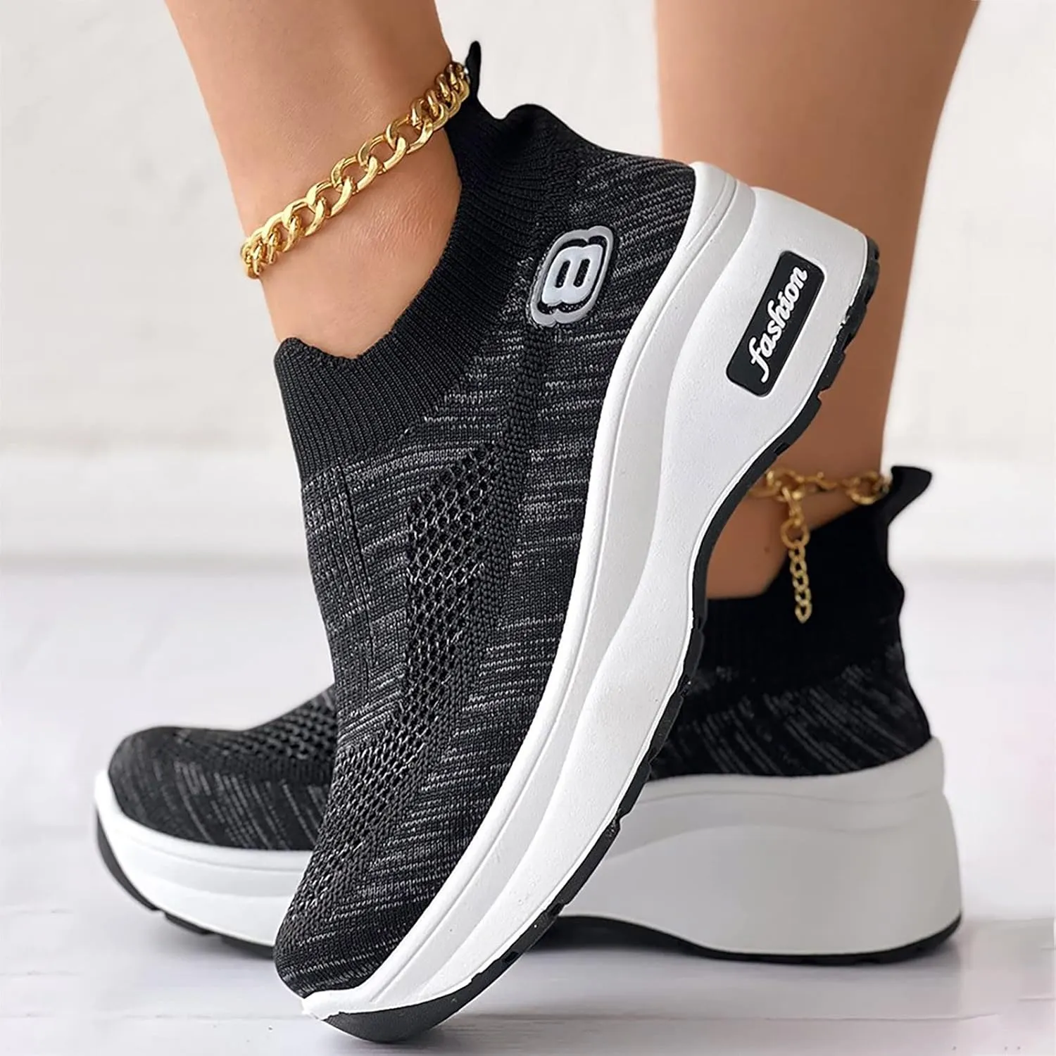SBGMoSJ Womens Fashion Sneakers 2023 Women Slip On Sneakers Comfortable Nurse Walking Shoes Womens Black Athletic Shoes 9.5 Tennis Shoes Womens Zapatos Deportivos Negros Con Blanco para Mujer