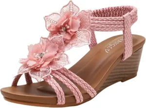 Smoneyful Women's Cutout Sandals Peep Toe Mid Heel Rhinestones Elastic Ankle Strap Open Toe Elegant Thick Sole Breathable Fashion Comfort Wedge Beach Sandals