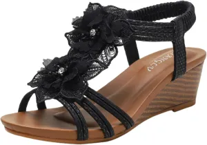Smoneyful Women's Cutout Sandals Peep Toe Mid Heel Rhinestones Elastic Ankle Strap Open Toe Elegant Thick Sole Breathable Fashion Comfort Wedge Beach Sandals