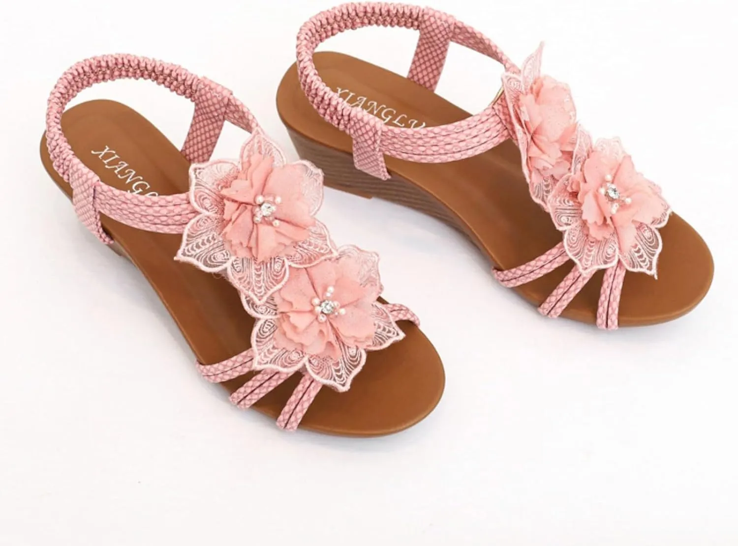 Smoneyful Women's Cutout Sandals Peep Toe Mid Heel Rhinestones Elastic Ankle Strap Open Toe Elegant Thick Sole Breathable Fashion Comfort Wedge Beach Sandals