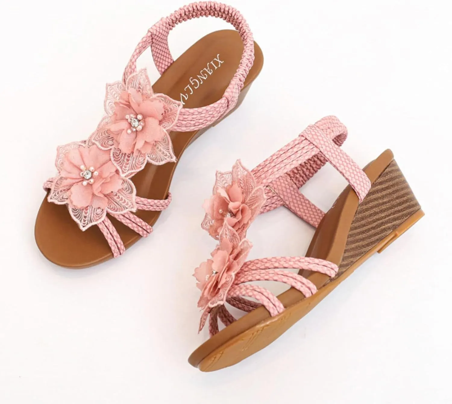 Smoneyful Women's Cutout Sandals Peep Toe Mid Heel Rhinestones Elastic Ankle Strap Open Toe Elegant Thick Sole Breathable Fashion Comfort Wedge Beach Sandals