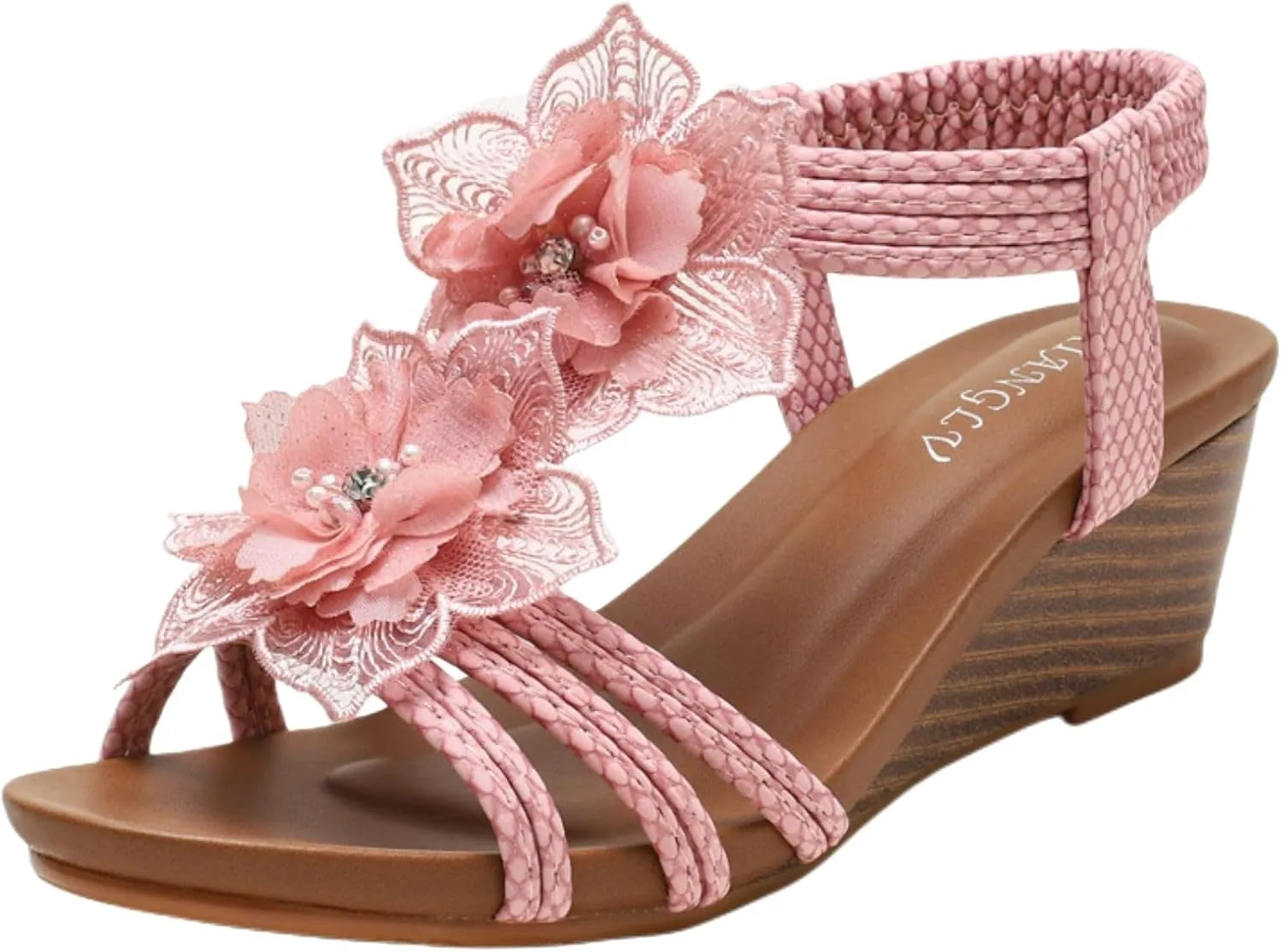 Smoneyful Women's Cutout Sandals Peep Toe Mid Heel Rhinestones Elastic Ankle Strap Open Toe Elegant Thick Sole Breathable Fashion Comfort Wedge Beach Sandals