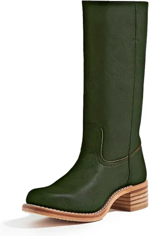 VARECOLA Knee High Boots for Women Vintage Square Toe Wide Calf Western Boots Banane Casual Comfortable Mid Calf Chunky Block Heel Tall Boots Ladies Comfortable Riding Boots