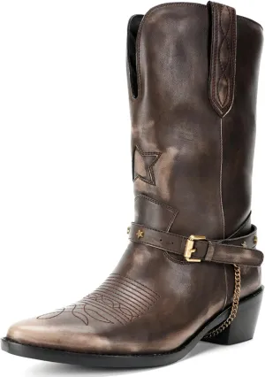 Western Cowboy Boots for Women, Mid Calf Cowgirl Boots with Classic Embroidered Stitched, Silp On Pointed Toe Chunky Heel Buckle Chain Pull On Western Riding Boots for Women