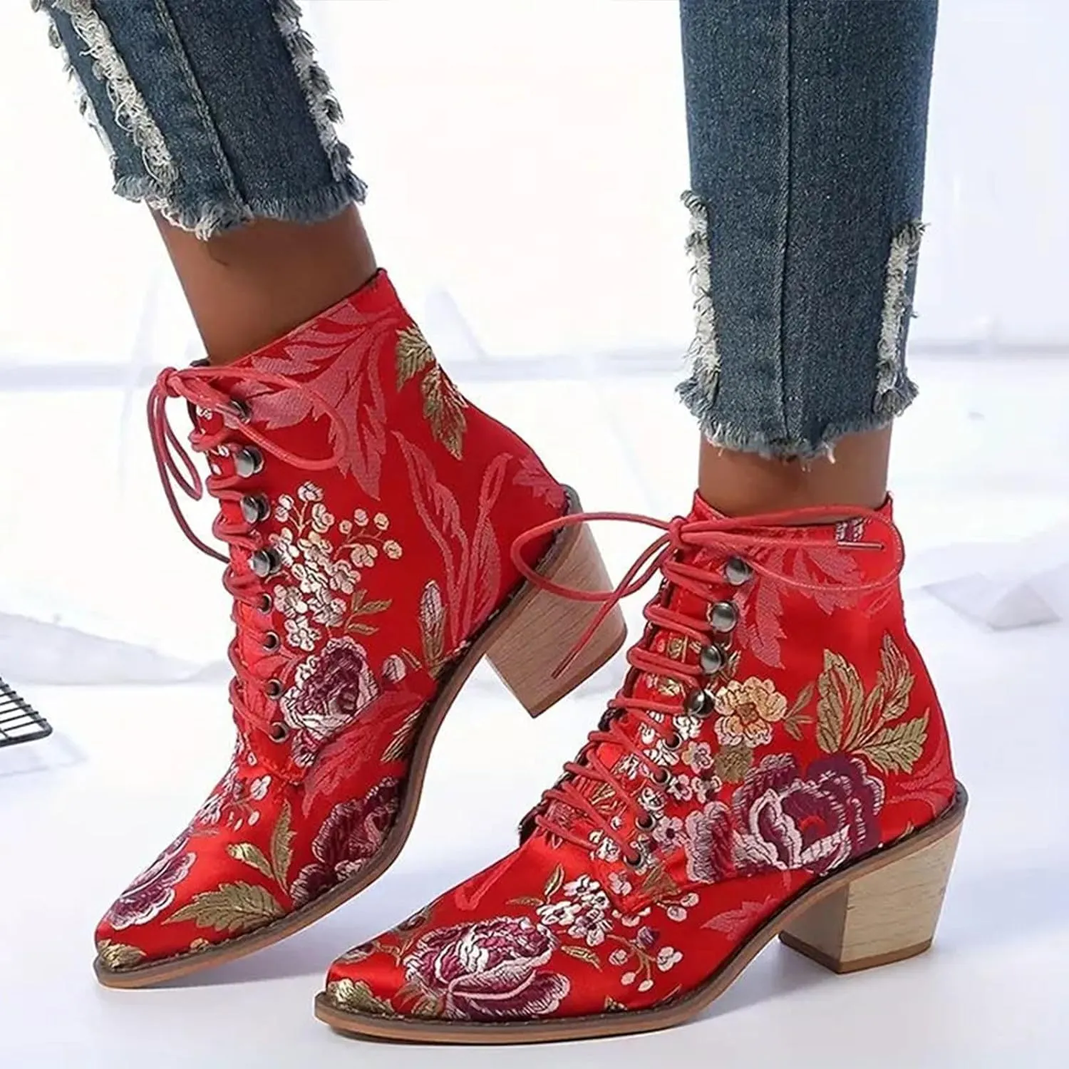 Western Dressy Ankle Boots for Women Ankle Bootie for Women Cowboy Boots Embroidered Chunky Ankle Boots for Women