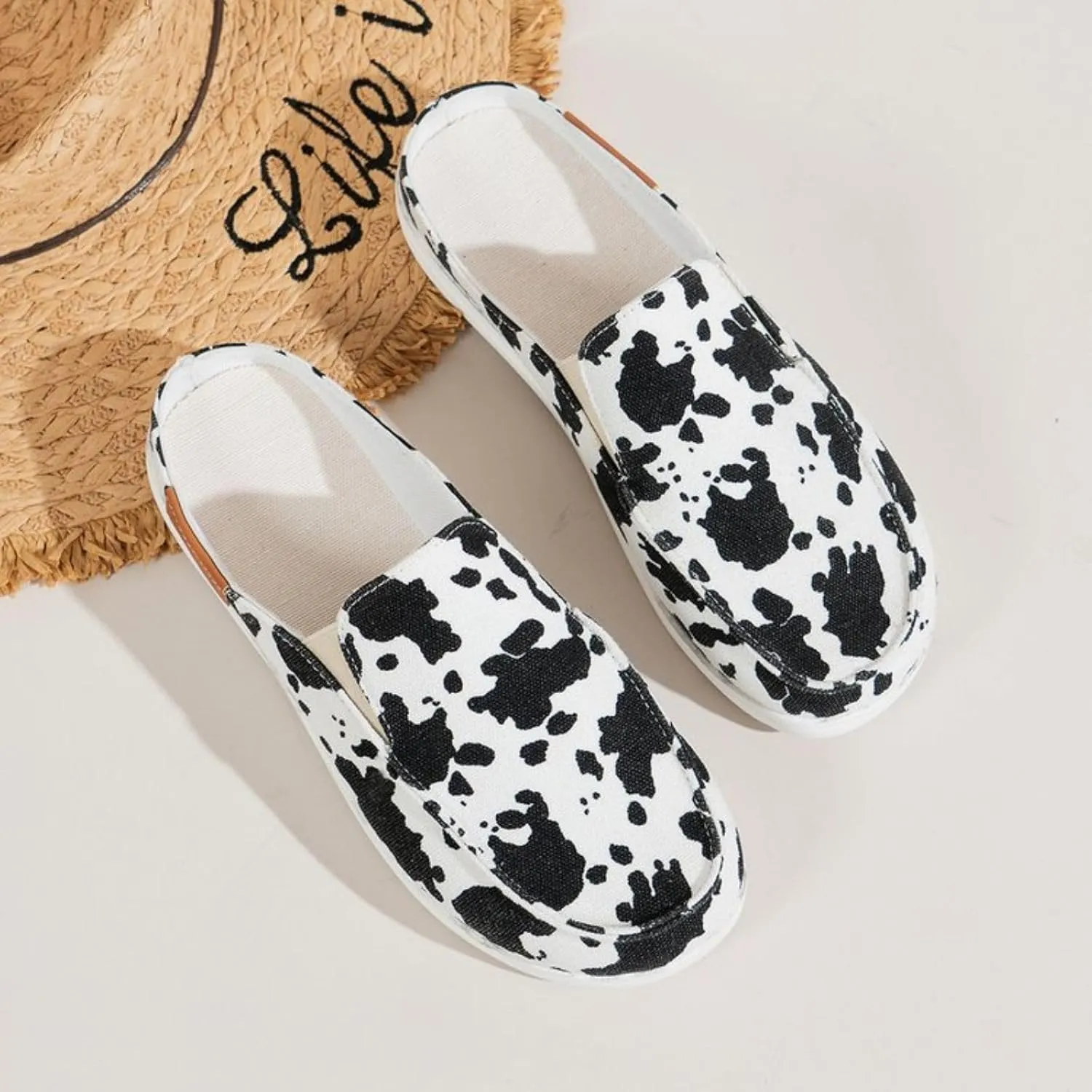 Women Canvas Slip On Lightweight Mule Sneaker Summer Fashion Open Back Flats Walking Shoes Closed Round Toe Low Top Casual Loafer Comfort Walking Sandals