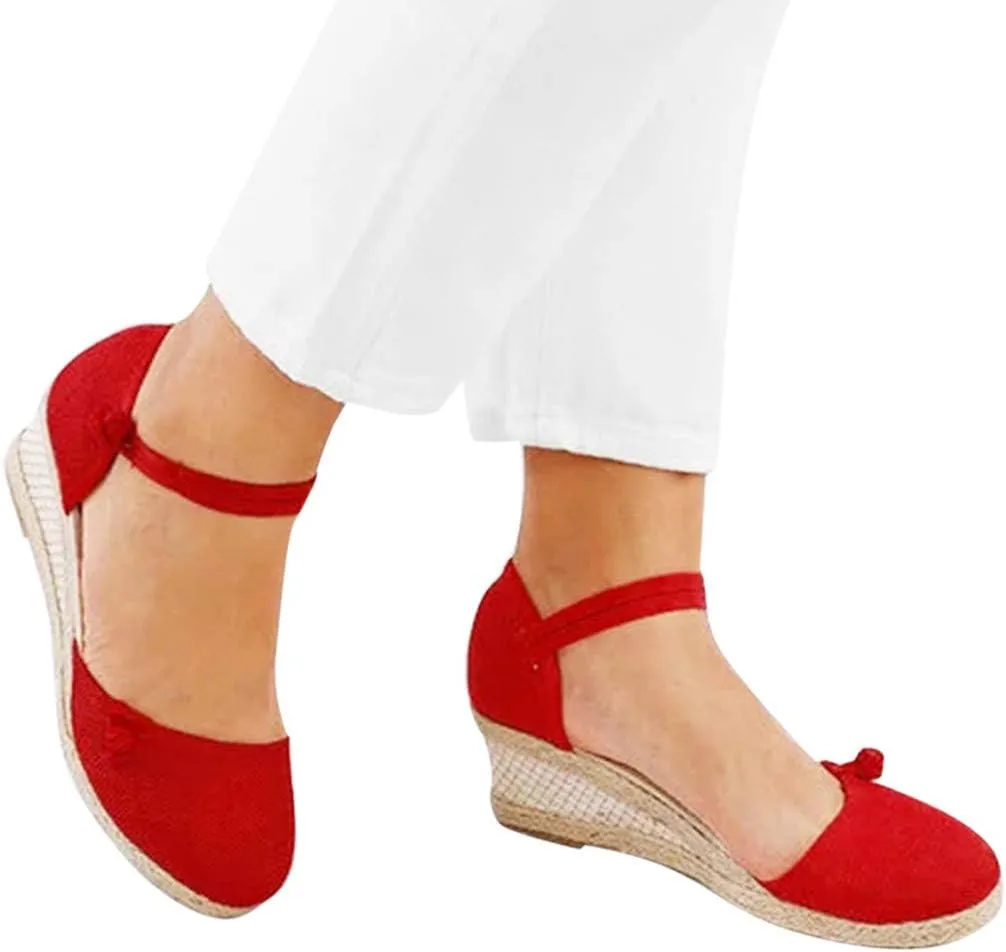 Women Ladies Retro Canvas Wedge Round Toe Casual Sandals Singles Shoes Women Platform Sandals