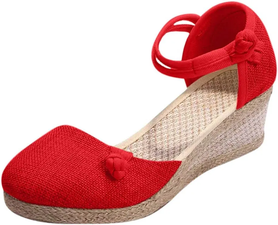 Women Ladies Retro Canvas Wedge Round Toe Casual Sandals Singles Shoes Women Platform Sandals