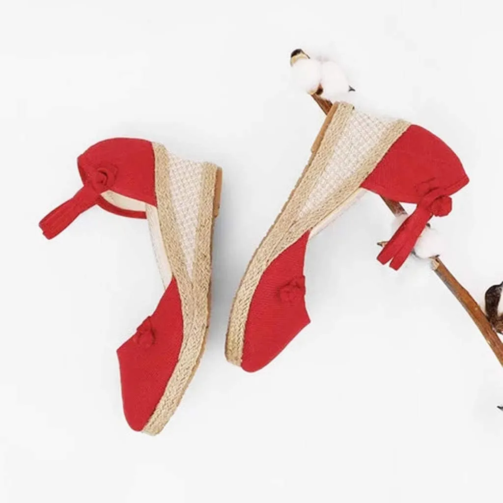 Women Ladies Retro Canvas Wedge Round Toe Casual Sandals Singles Shoes Women Platform Sandals