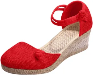 Women Ladies Retro Canvas Wedge Round Toe Casual Sandals Singles Shoes Women Platform Sandals