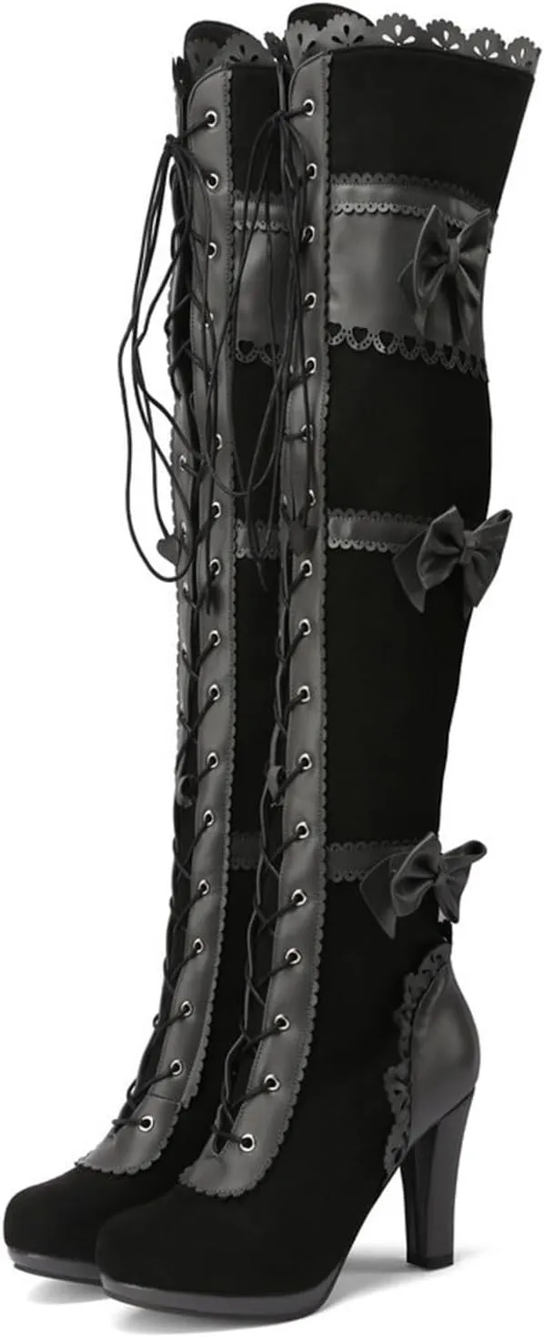 Women Over Knee Boots Fashionable New Pattern Simple Bow Decoration Round Toe Comfortable Lace Up Chunky over The Knee Boots, 6.5