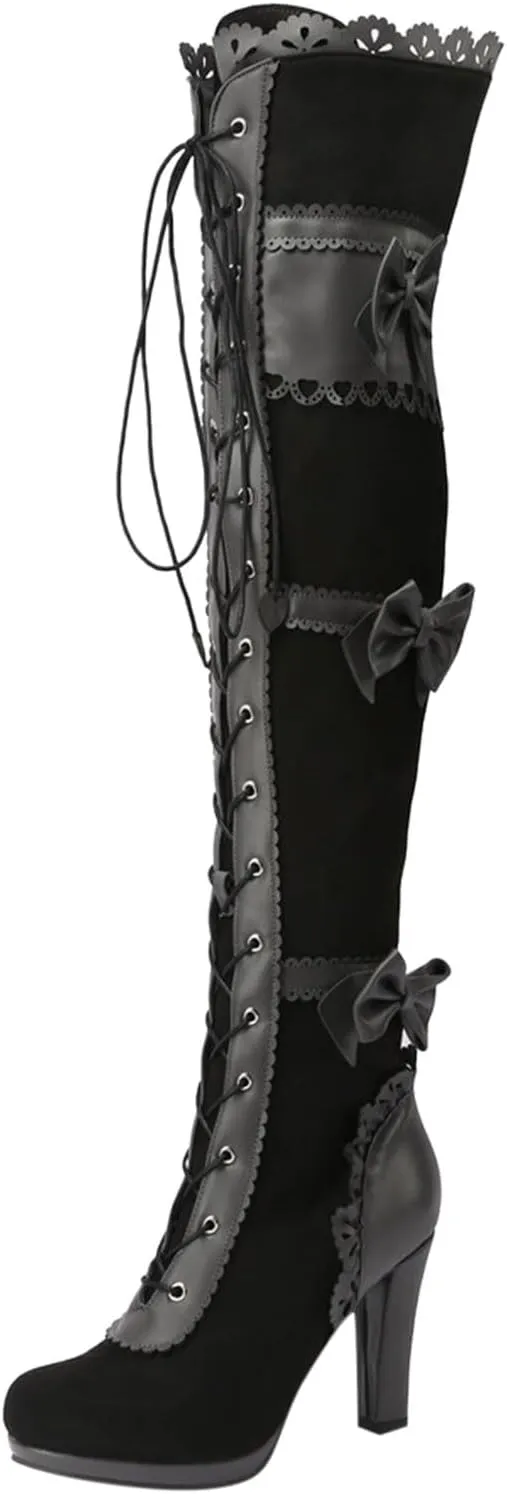 Women Over Knee Boots Fashionable New Pattern Simple Bow Decoration Round Toe Comfortable Lace Up Chunky over The Knee Boots, 6.5