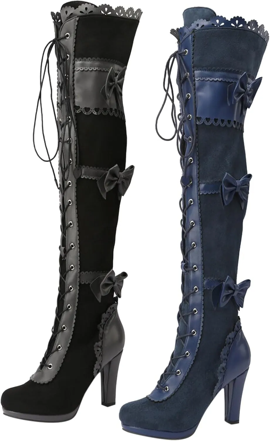 Women Over Knee Boots Fashionable New Pattern Simple Bow Decoration Round Toe Comfortable Lace Up Chunky over The Knee Boots, 6.5