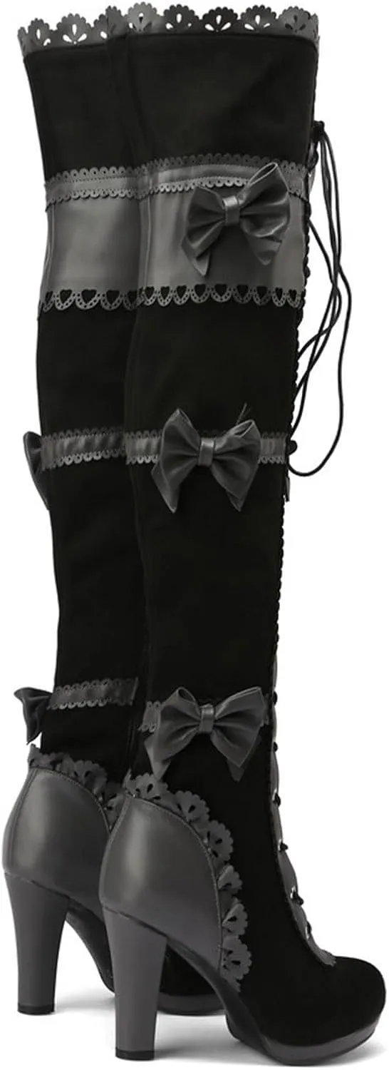 Women Over Knee Boots Fashionable New Pattern Simple Bow Decoration Round Toe Comfortable Lace Up Chunky over The Knee Boots, 6.5