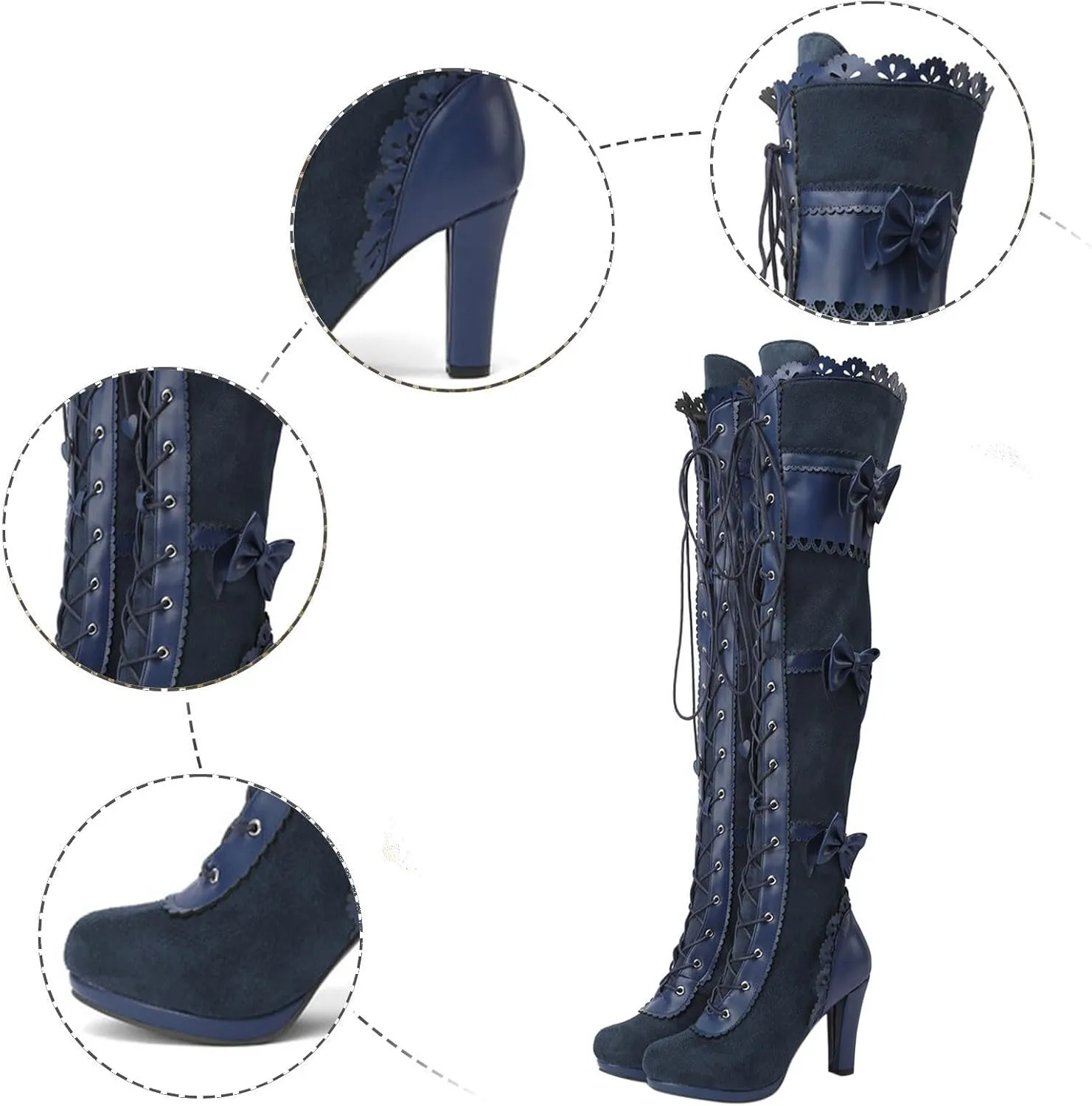Women Over Knee Boots Fashionable New Pattern Simple Bow Decoration Round Toe Comfortable Lace Up Chunky over The Knee Boots, 6.5