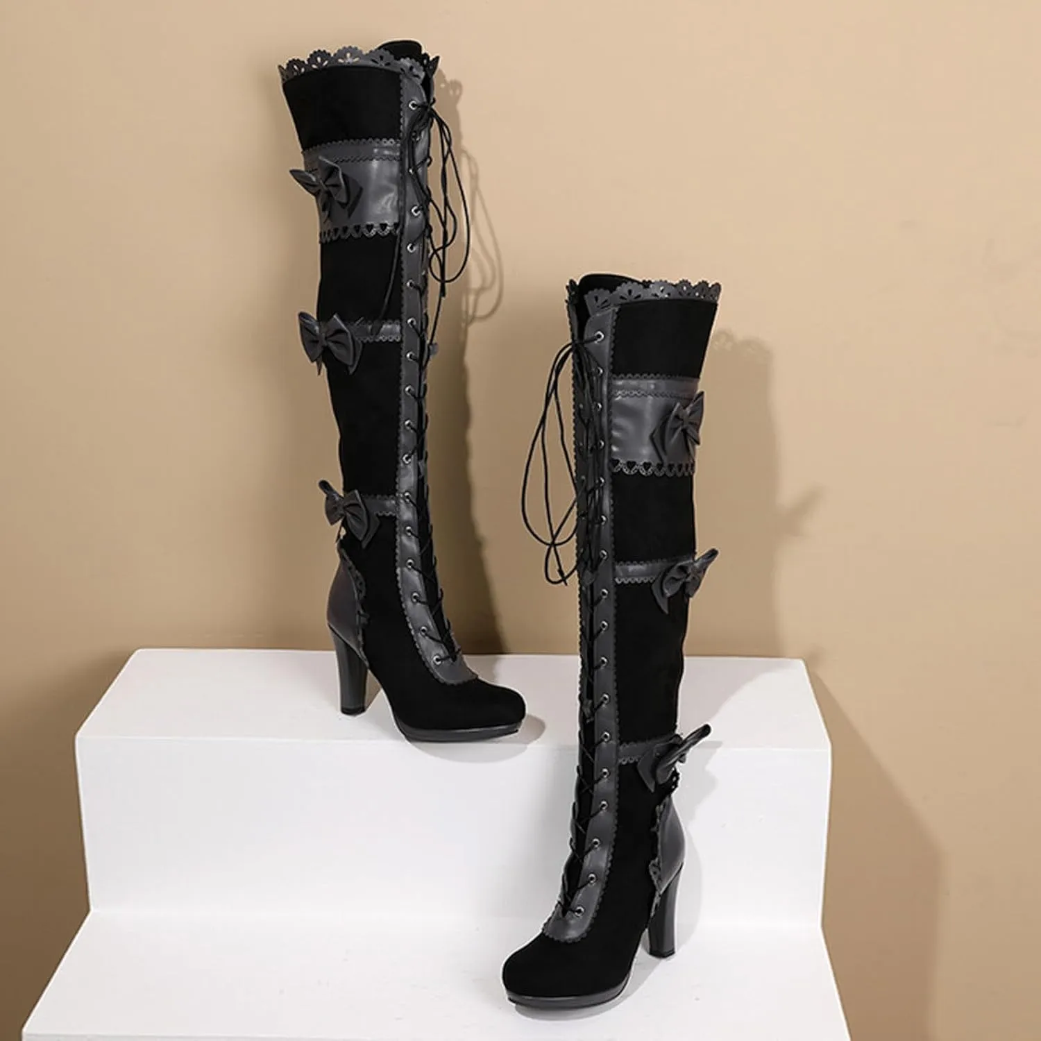 Women Over Knee Boots Fashionable New Pattern Simple Bow Decoration Round Toe Comfortable Lace Up Chunky over The Knee Boots, 6.5