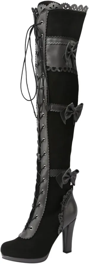 Women Over Knee Boots Fashionable New Pattern Simple Bow Decoration Round Toe Comfortable Lace Up Chunky over The Knee Boots, 6.5