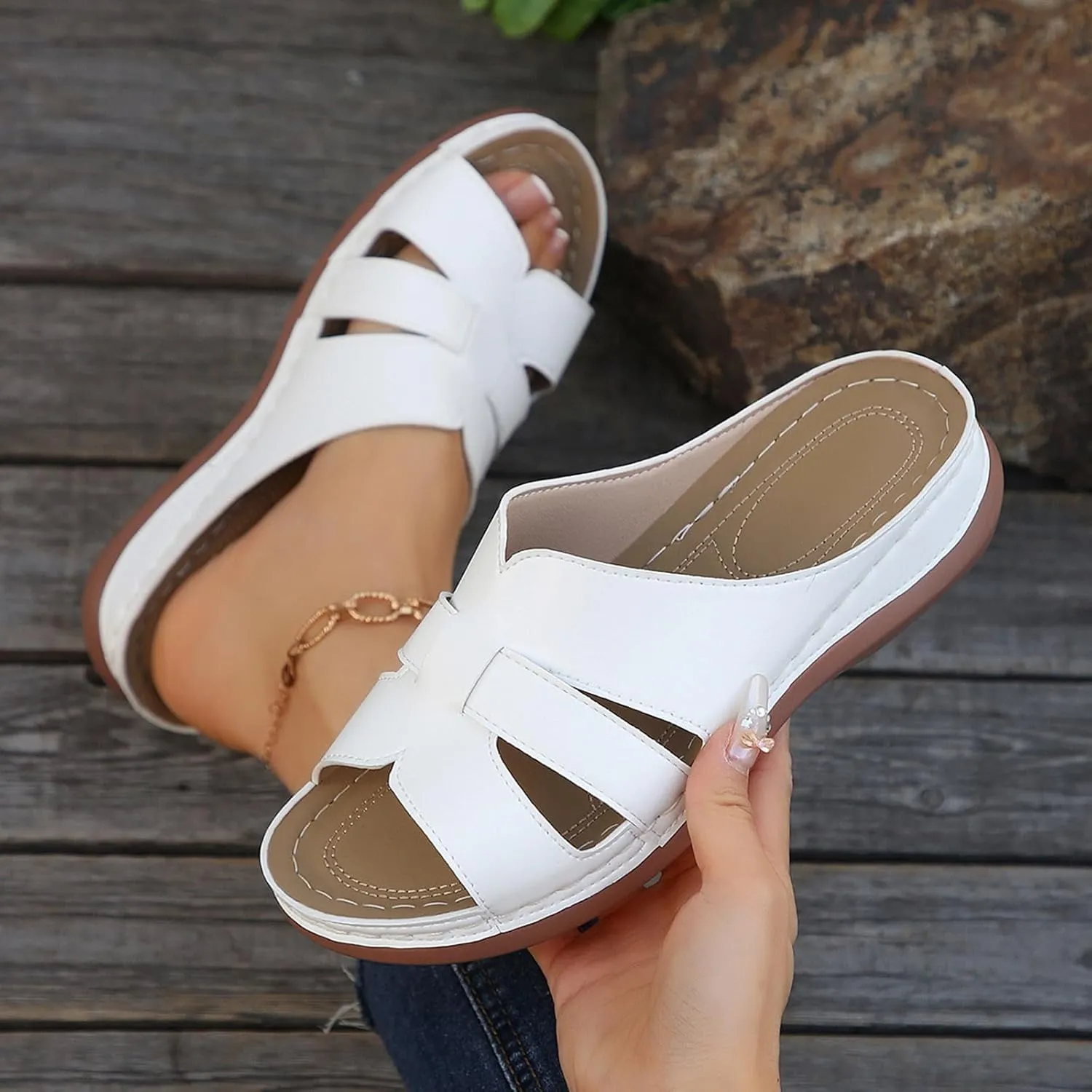 Women Summer Solid Slip On Casual Open Toe Wedges Comfortable Beach Shoes Sandals Flat Feet Arch Support Women Sandals