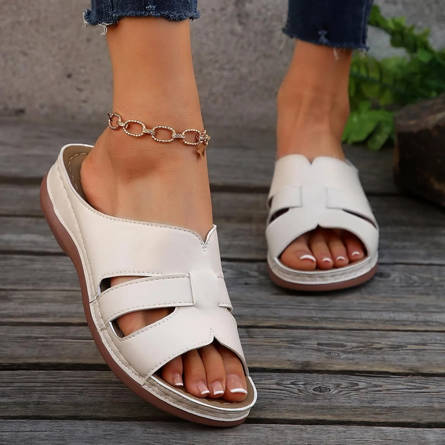 Women Summer Solid Slip On Casual Open Toe Wedges Comfortable Beach Shoes Sandals Flat Feet Arch Support Women Sandals
