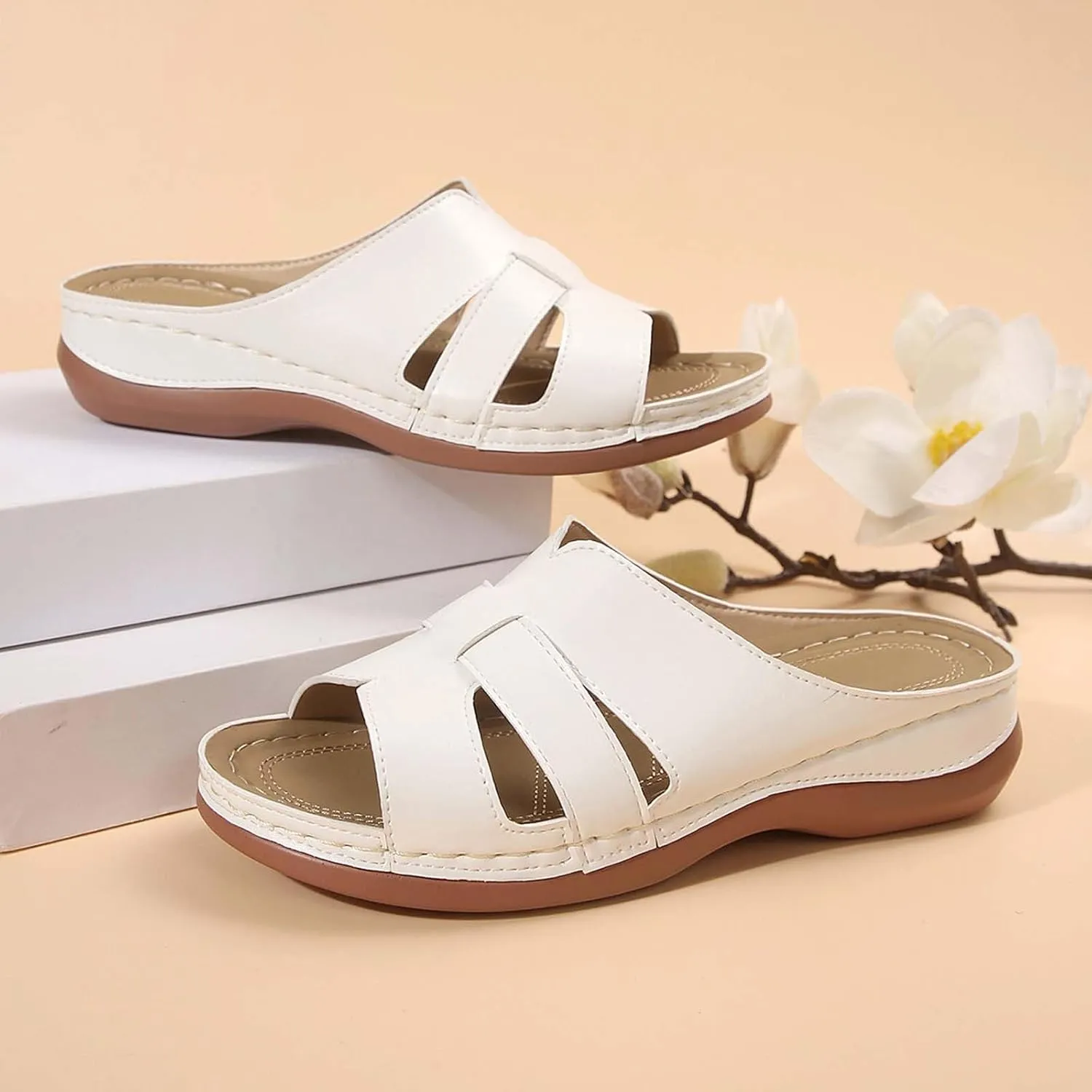 Women Summer Solid Slip On Casual Open Toe Wedges Comfortable Beach Shoes Sandals Flat Feet Arch Support Women Sandals