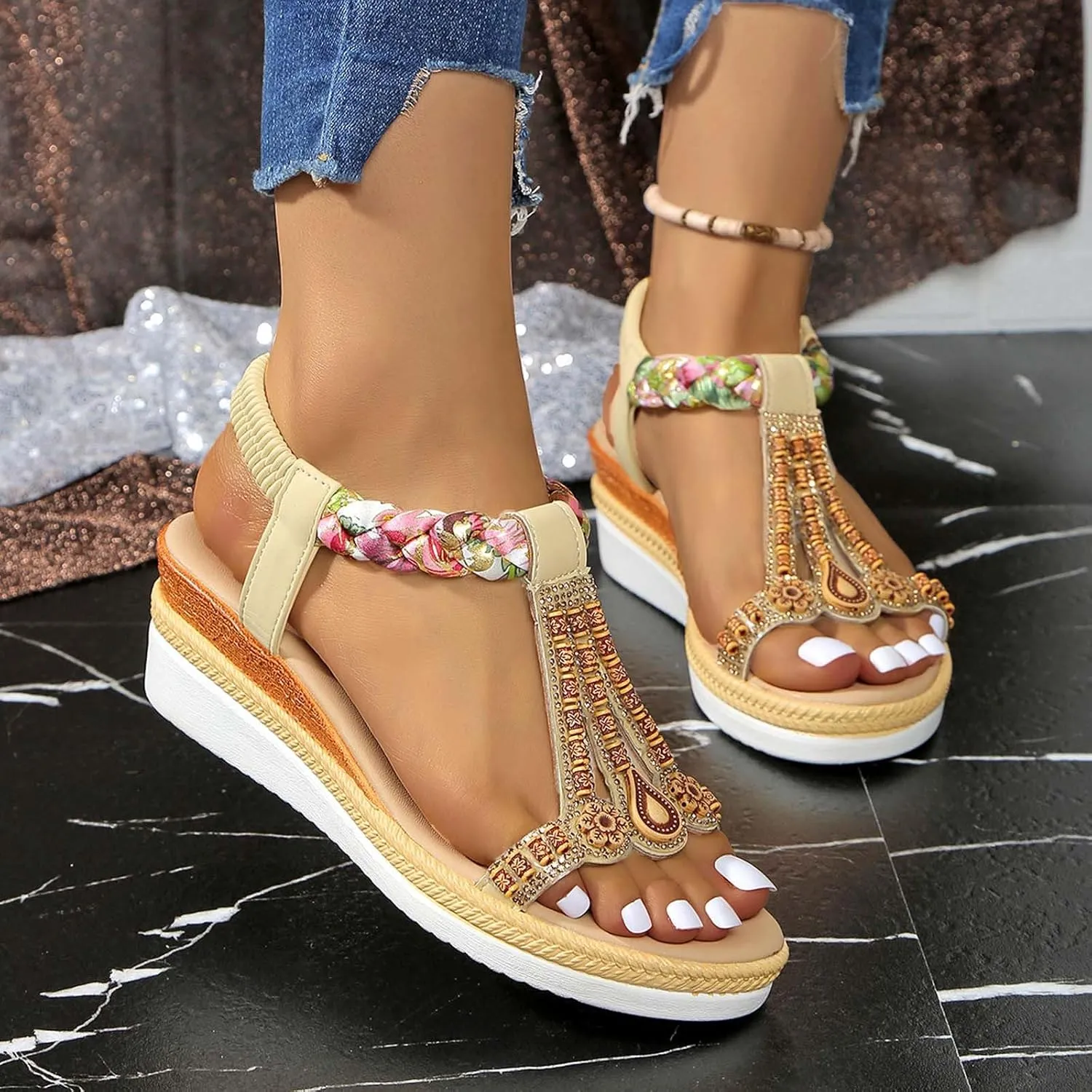Women Summer Wedge Sandals with Elastic Band Comfortable Slope Heel Thick Sole for Beach Vacation Casual Outing