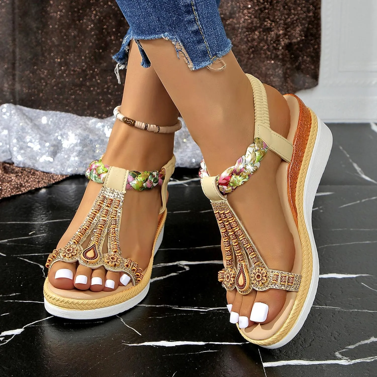 Women Summer Wedge Sandals with Elastic Band Comfortable Slope Heel Thick Sole for Beach Vacation Casual Outing
