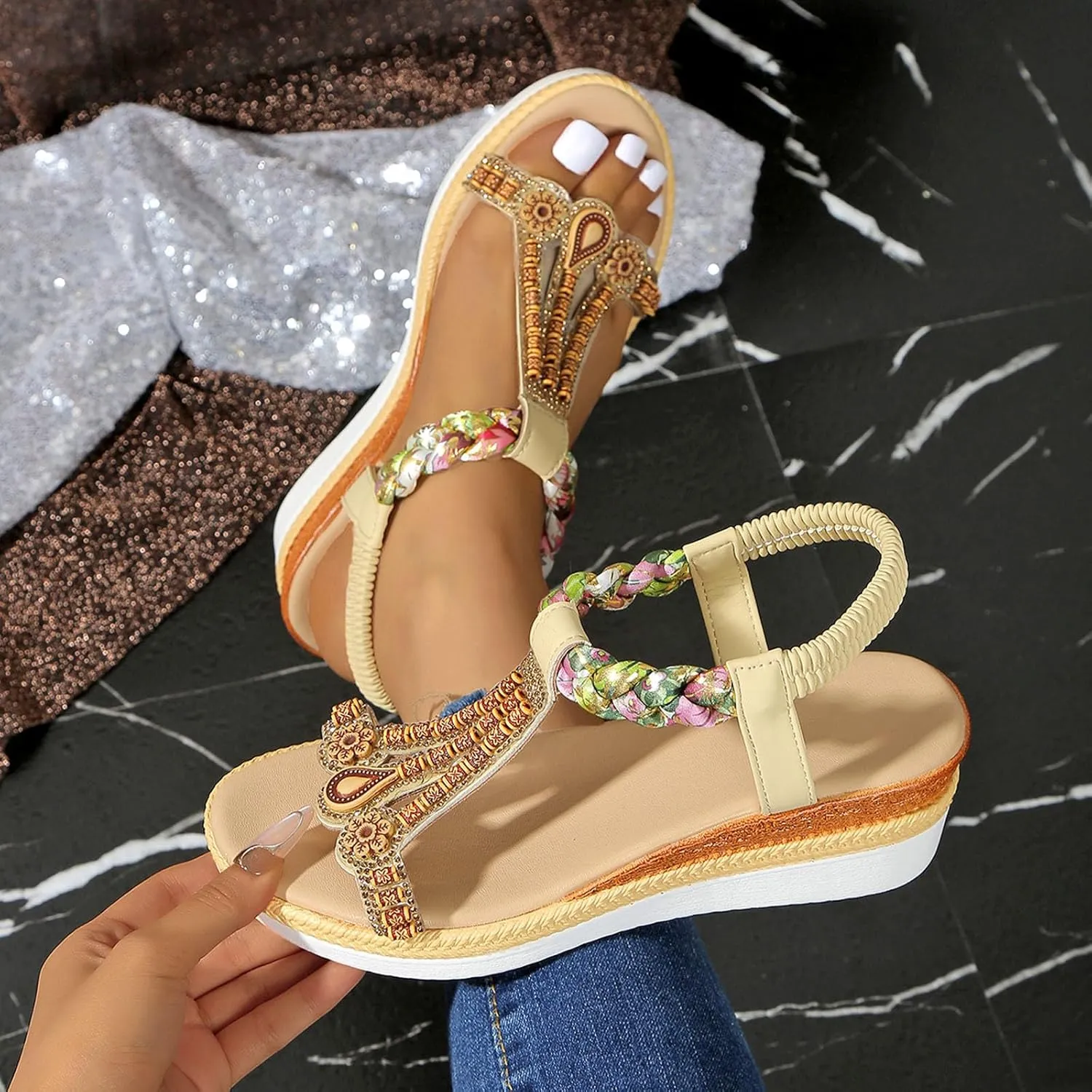 Women Summer Wedge Sandals with Elastic Band Comfortable Slope Heel Thick Sole for Beach Vacation Casual Outing