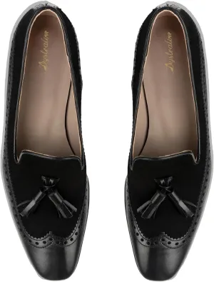 Women Tassel Loafers Low Chunky Heel Square Toe Loafers Flats Wingtips Perforated Vintage Slip On Flat Heel Dress Loafer Shoes Oxford Fringed Patchwork Matte Suede Retro Comfy 4-11 M US