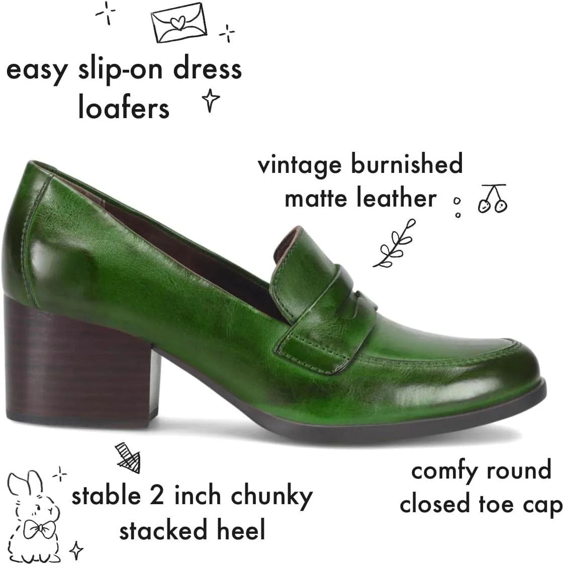 Women Vintage Chunky Stacked Heel Loafers Pumps Closed Round Toe Slip On Burnished Loafer 2 Inch Mid Block Heels Matte Leather Work Shoes Office Ladies Dressy Elegant Party Chic 4-11 M US