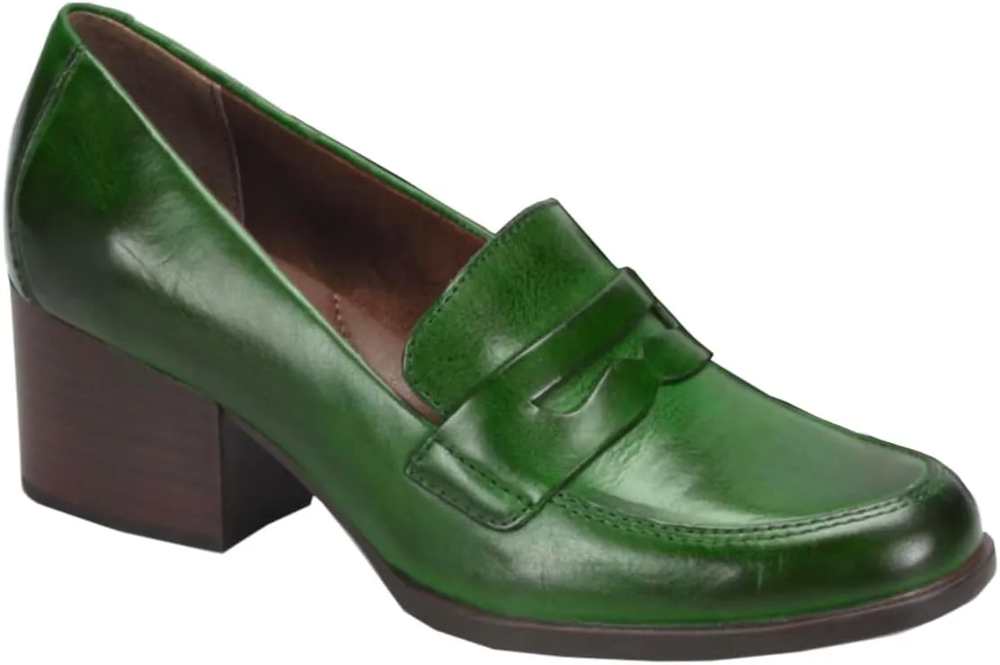 Women Vintage Chunky Stacked Heel Loafers Pumps Closed Round Toe Slip On Burnished Loafer 2 Inch Mid Block Heels Matte Leather Work Shoes Office Ladies Dressy Elegant Party Chic 4-11 M US