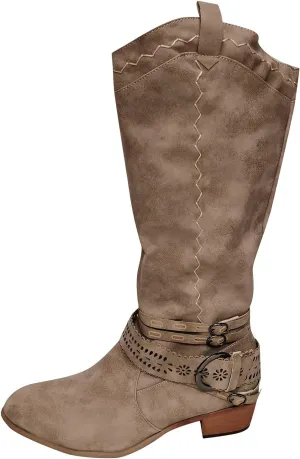 Women Vintage Western Riding Boots Knee High Zipper Boot Chunky Mid Heel Pointed Toe Booties Shoes Warm Boots