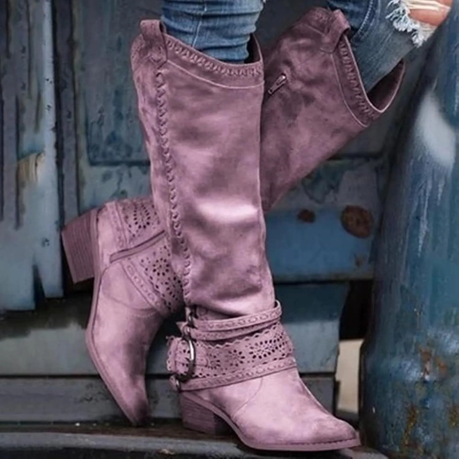 Women Vintage Western Riding Boots Knee High Zipper Boot Chunky Mid Heel Pointed Toe Booties Shoes Warm Boots
