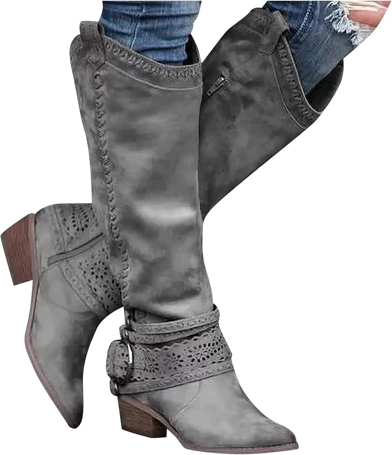Women Vintage Western Riding Boots Knee High Zipper Boot Chunky Mid Heel Pointed Toe Booties Shoes Warm Boots